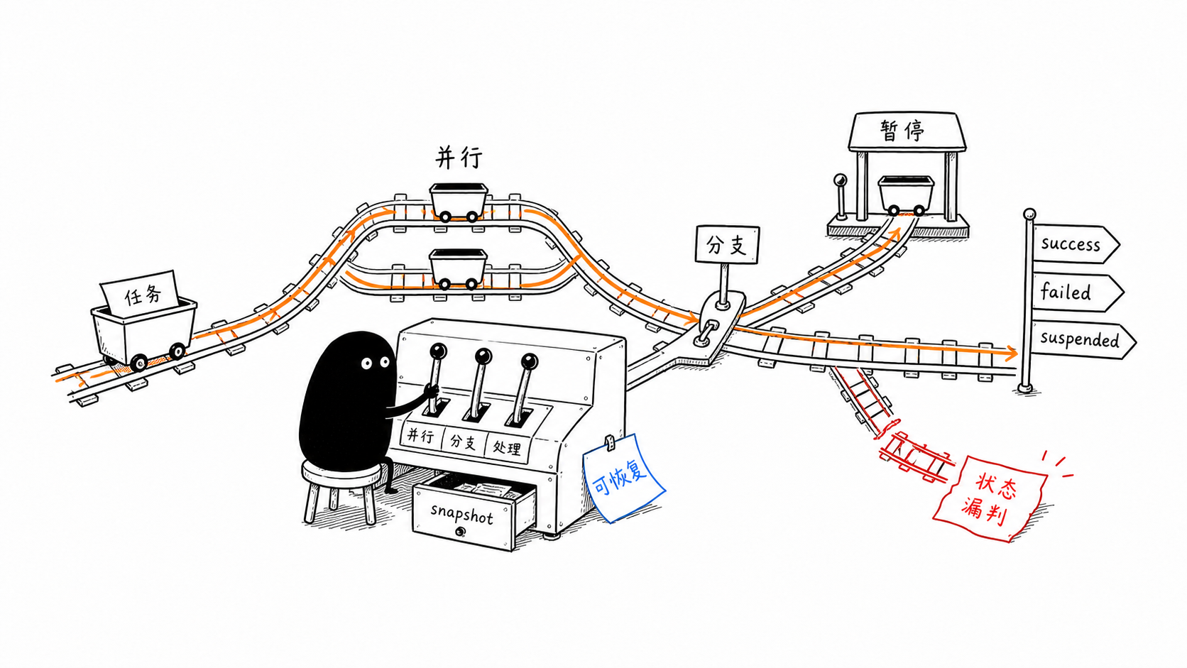 小黑在铁路调度台上切换 Workflow 的并行分支暂停和状态处理